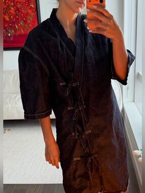 Rare Kenzo Paris Denim Kimono Jacket Coat Size 36 Indigo Tie Front